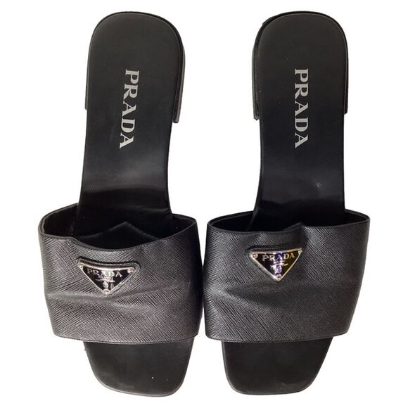 Prada Triangle-Logo Plaque Slide Flat Sandals in Black Leather - Picture 6 of 12